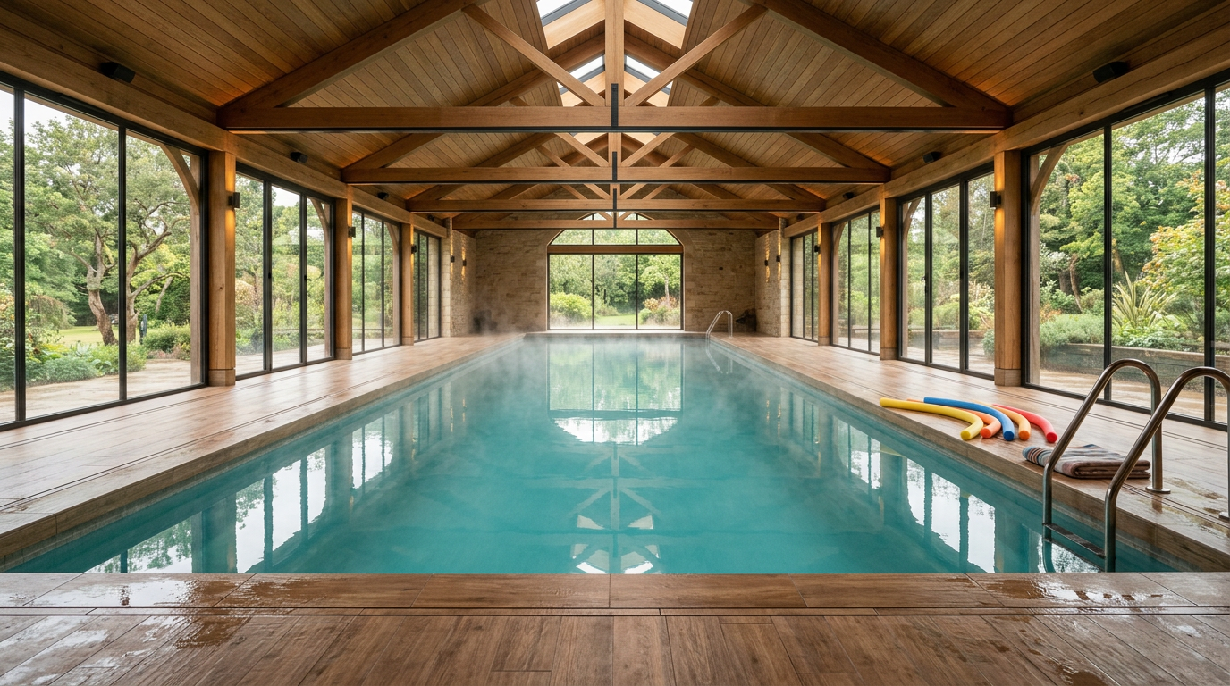 Bassin privé chauffé avec charpente en bois et grandes baies vitrées, frites de piscine posées au bord